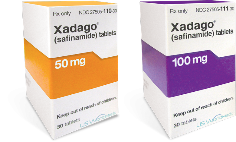 Box of 50 mg XADAGO (safinamide) tablets and a box of 100 mg XADAGO (safinamide) tablets.